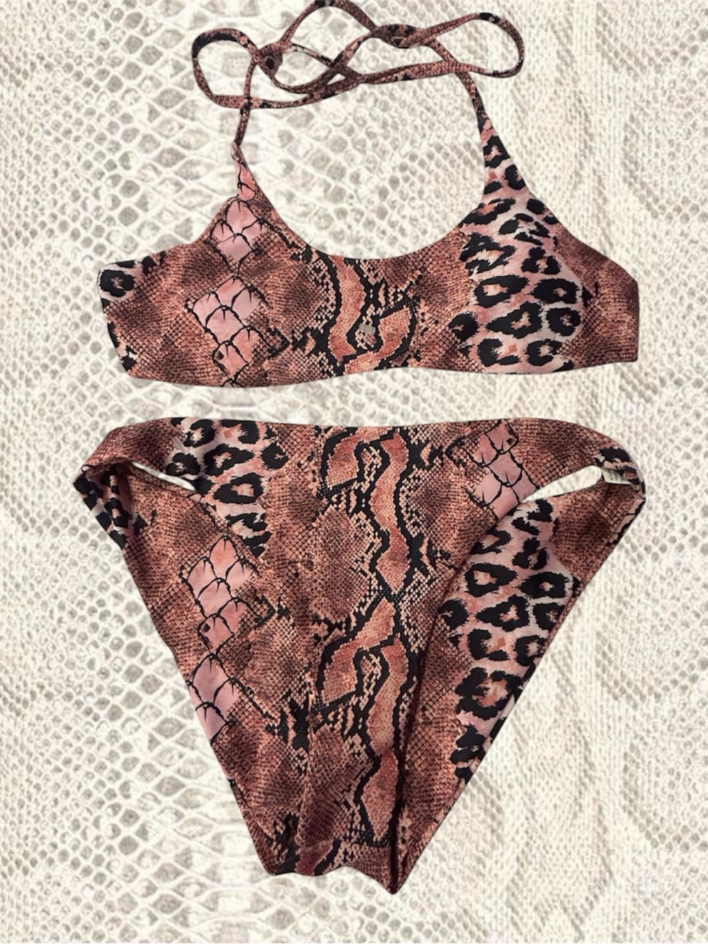 Animal Print Two-Piece Bikini — Pink Brown Snake & Leopard Mix